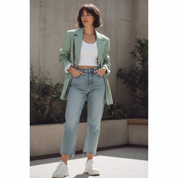 Ganni Organic Cotton Oversize Blazer Jacket Sage Green L/XL NWT - Picture 1 of 12